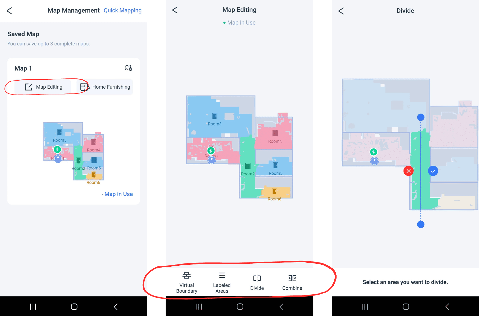 Die Wohnungskarte wird in der ECOVACS DEEBOT T20 OMNI Handy-App bearbeitet.